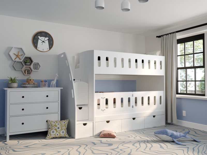 single bunk bed with stairs and gates