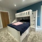 L-shaped double bed and single bed bunk with slide