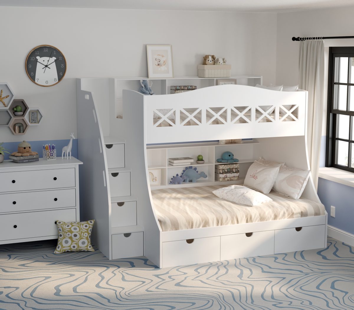 Double And Single Bunk Bed With Bookshelf
