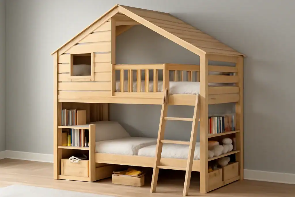 Cabin Bunk Bed with Bookshelves and Toy Storage
