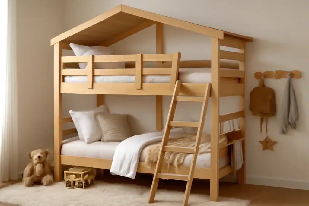 Cabin Bunk Bed with Wall-Mounted Hooks and Racks