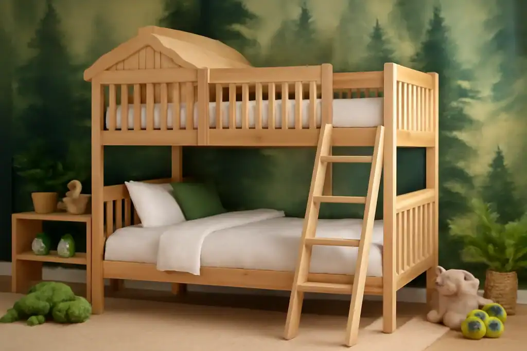 Cabin Bunk Bed with Wall-Mounted Hooks and Racks
