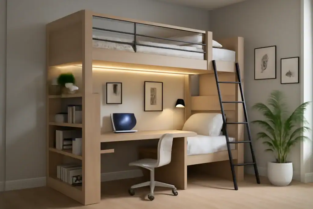 Modern Cabin Bunk Bed with Desk and Shelves