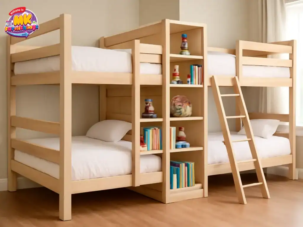 Split Bunk Beds Featuring Open Shelving Dividers