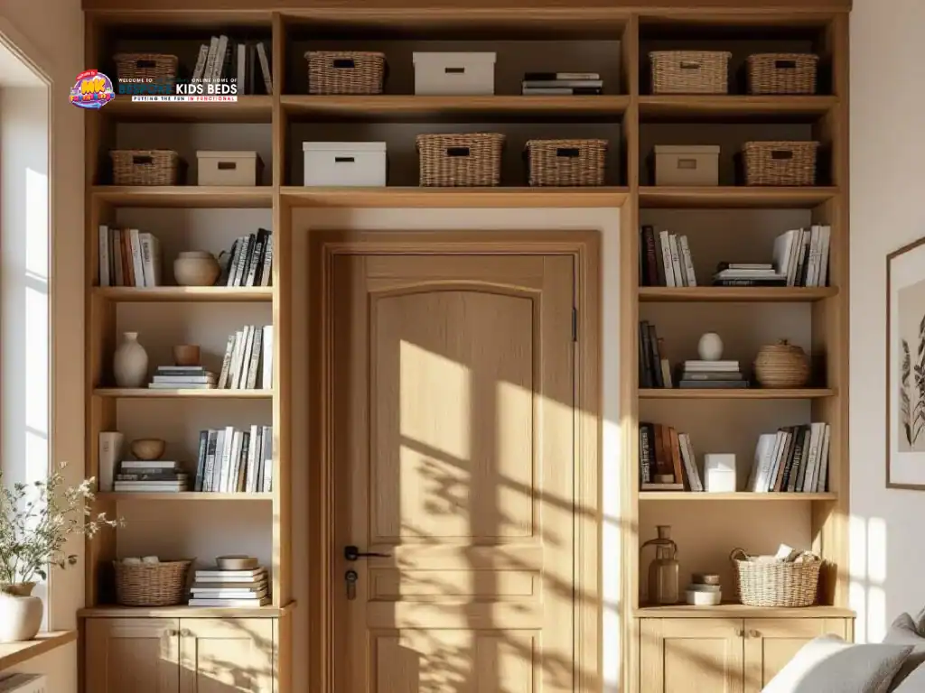 Bedroom storage ideas: High shelves above the door maximize small bedroom space. Wooden shelves with books and baskets.